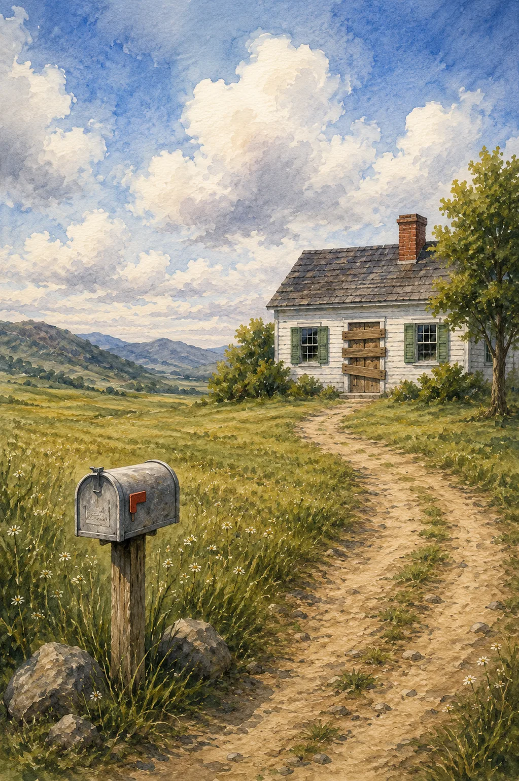 A watercolor scene of a white house in an open field with a mailbox.